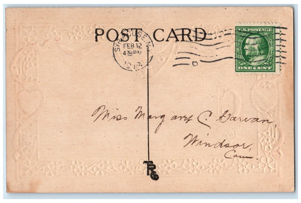 c1910's Valentine Message Dove In Heart Embossed Syracuse New York NY Postcard