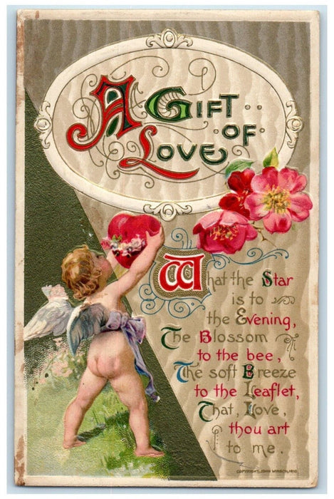 Valentine Cupid Angel Bare Butt Heart Flowers John Winsch Artist Signed Postcard
