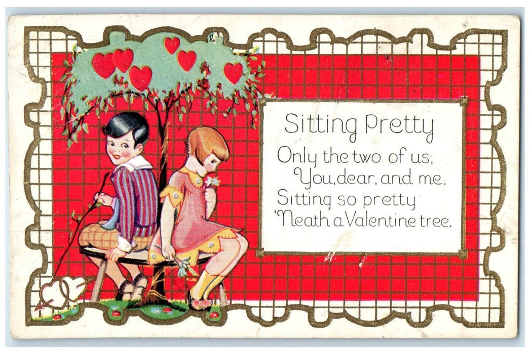 c1910's Valentine Children Sweetheart Sitting Pretty Under Tree Hearts Postcard