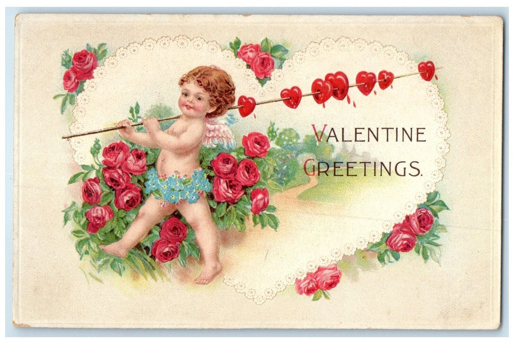 c1910's Valentine Greetings Cupid Angel Hearts Roses Pansies Flowers Postcard