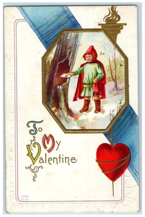 c1910's Valentine Boy Dropping Letter In Tree Heart Embossed Antique Postcard