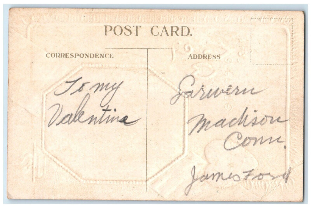 c1910's Valentine Boy Dropping Letter In Tree Heart Embossed Antique Postcard