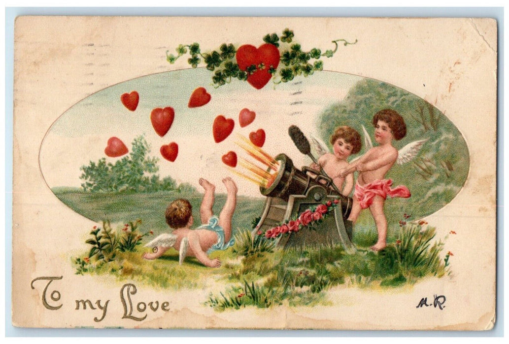 1908 Valentine Cupid Angel Cannon Hearts Shamrock Flowers Embossed Postcard