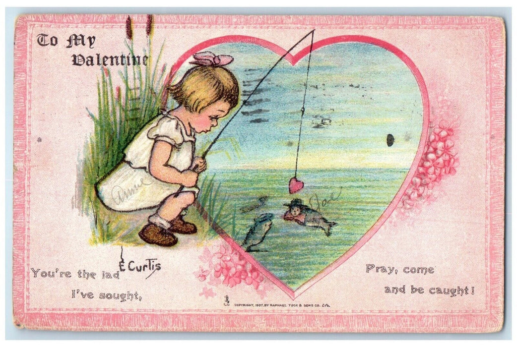 1908 Valentine Heart Girl Fishing Tuck's Hartford Connecticut CT Posted Postcard