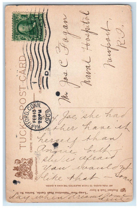 1908 Valentine Heart Girl Fishing Tuck's Hartford Connecticut CT Posted Postcard