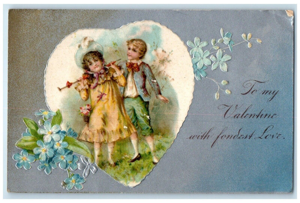 c1905 Valentine Children In Big Heart Pansies Flowers Nash Embossed Postcard