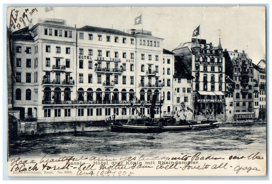 1905 Hotel Drei Konig Mit Rheindampfer Basel Switzerland Antique Posted Postcard