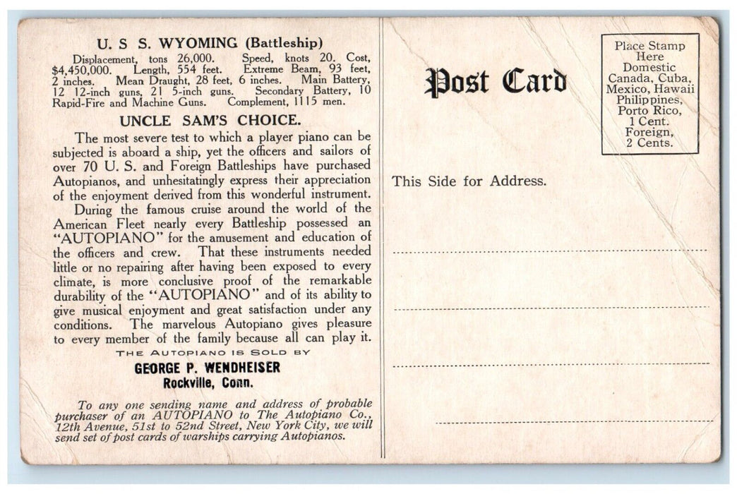 c1910's USS Wyoming Battleship Rockville Connecticut CT Antique Postcard