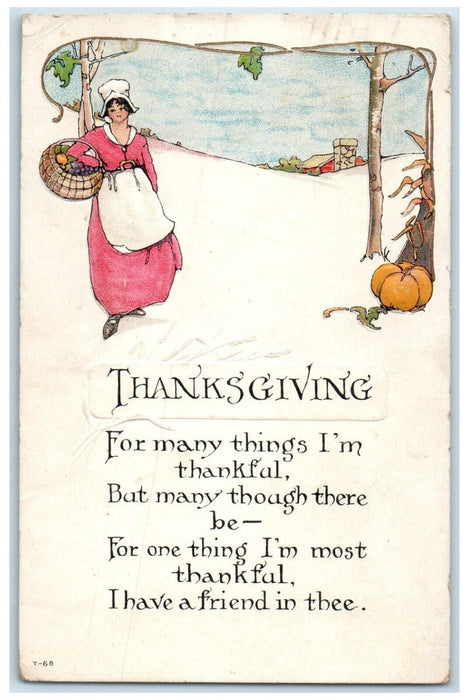 1915 Thanksgiving Woman Holding Basket With Fruits Pumpkin Derby CT Postcard