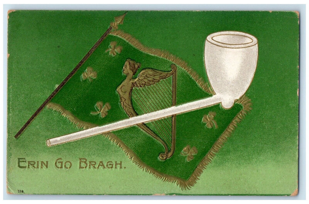 1910 St. Patrick's Day Flag Pipe Embossed Kingston New York NY Antique Postcard