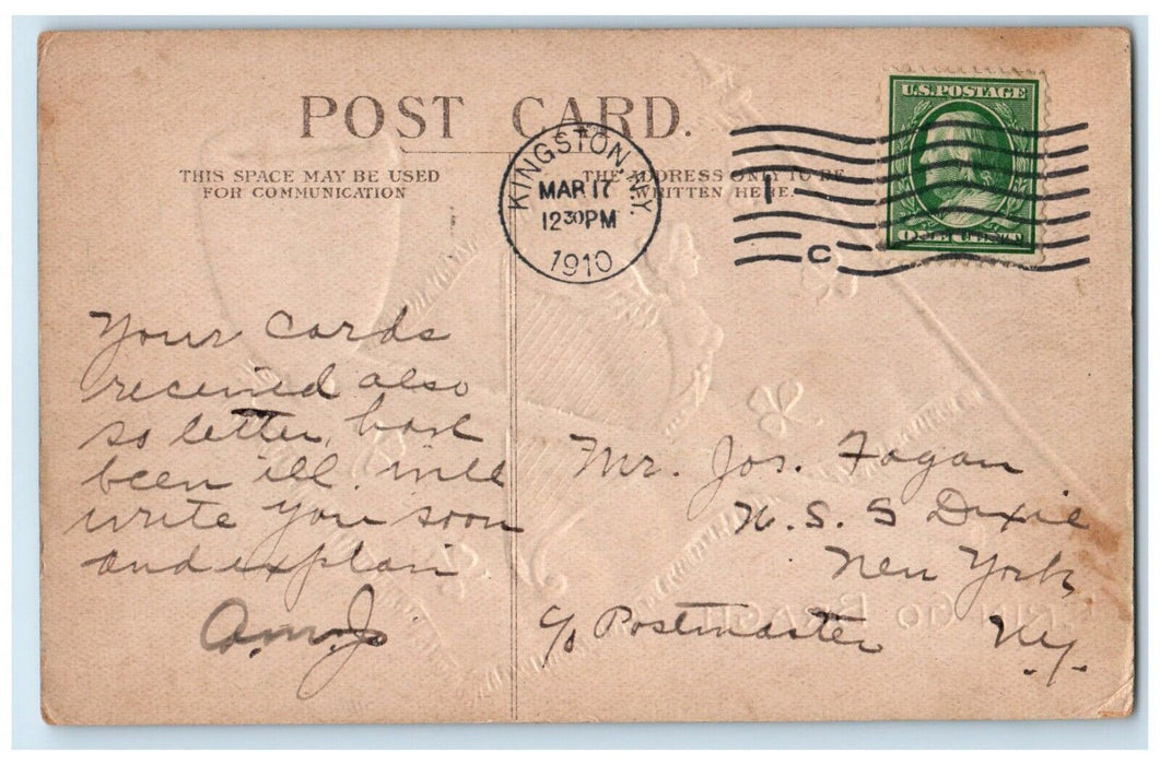 1910 St. Patrick's Day Flag Pipe Embossed Kingston New York NY Antique Postcard