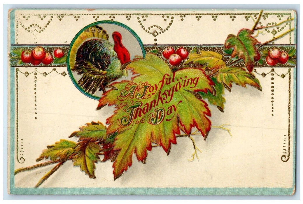 c1910's Thanksgiving Day Berries And Turkey Embossed Gel Gold Gilt Postcard