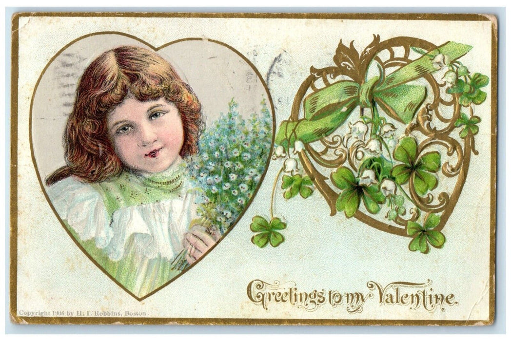 1908 Valentine Greetings Pretty Girl In Heart Flowers Shamrock Embossed Postcard