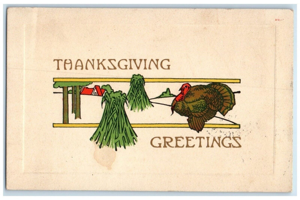 1913 Thanksgiving Greetings Turkey House Trees Arts Crafts Gibson Postcard