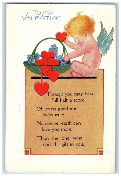 1920 Valentine Cupid Angel Hearts Flowers In Basket Jamestown NY Posted Postcard