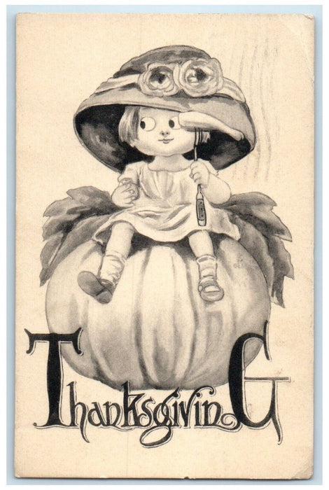 Thanksgiving Greetings Little Girl Sat On Pumpkin Wall Wallingford CT Postcard