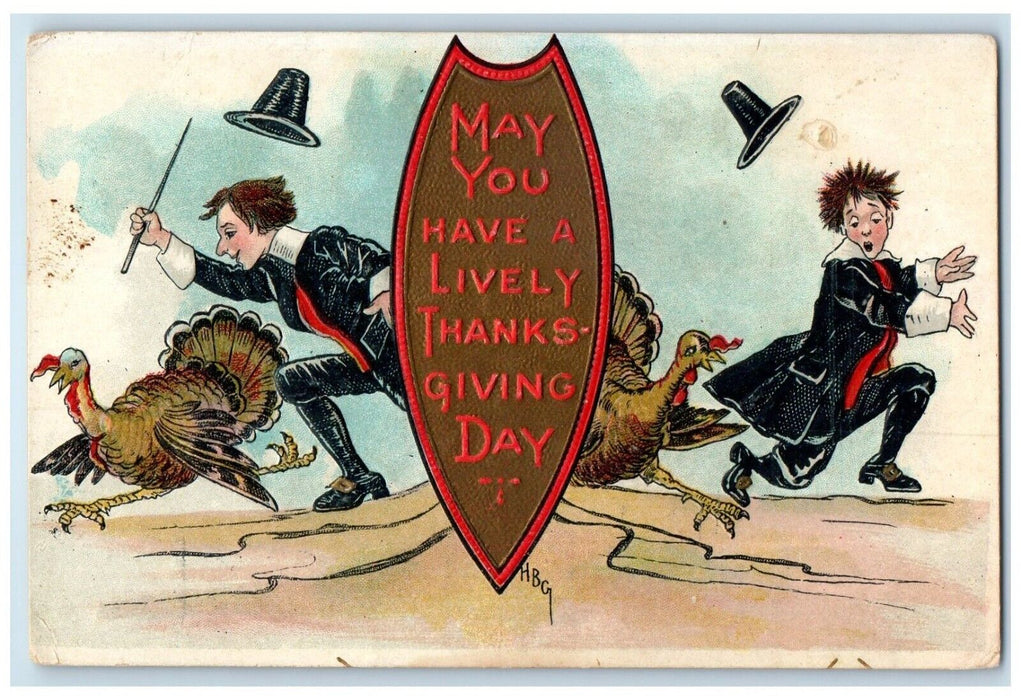 c1910's Thanksgiving Day Turkey Chasing Boys HBG Embossed Antique Postcard