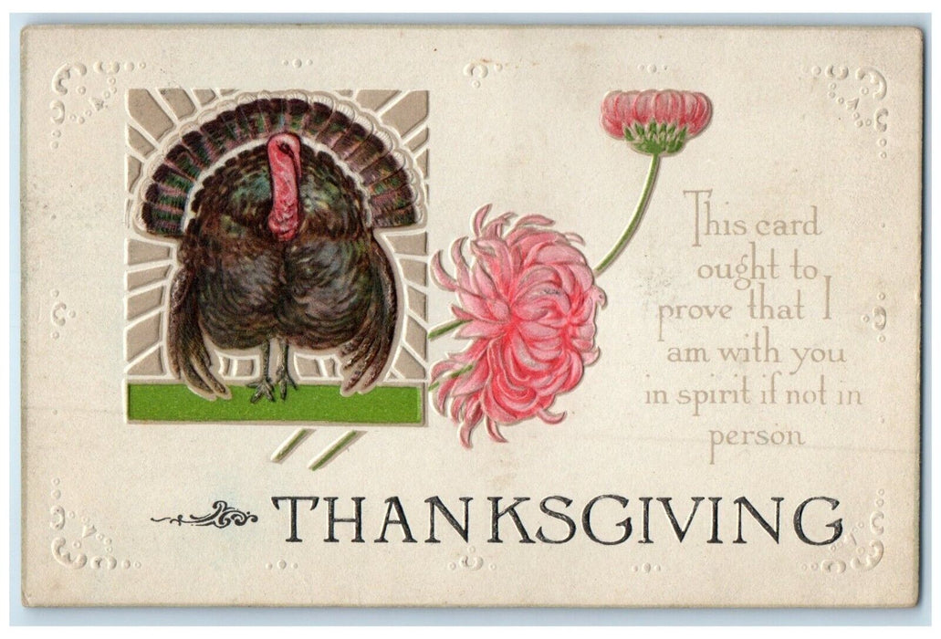 1916 Thanksgiving Turkey And Flowers Arts Crafts Embossed East River CT Postcard