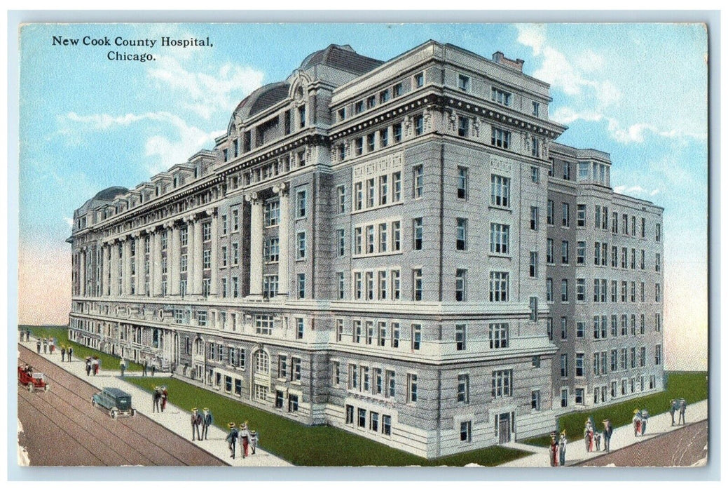 New Cook County Hospital Building Cars Chicago Illinois IL Antique Postcard