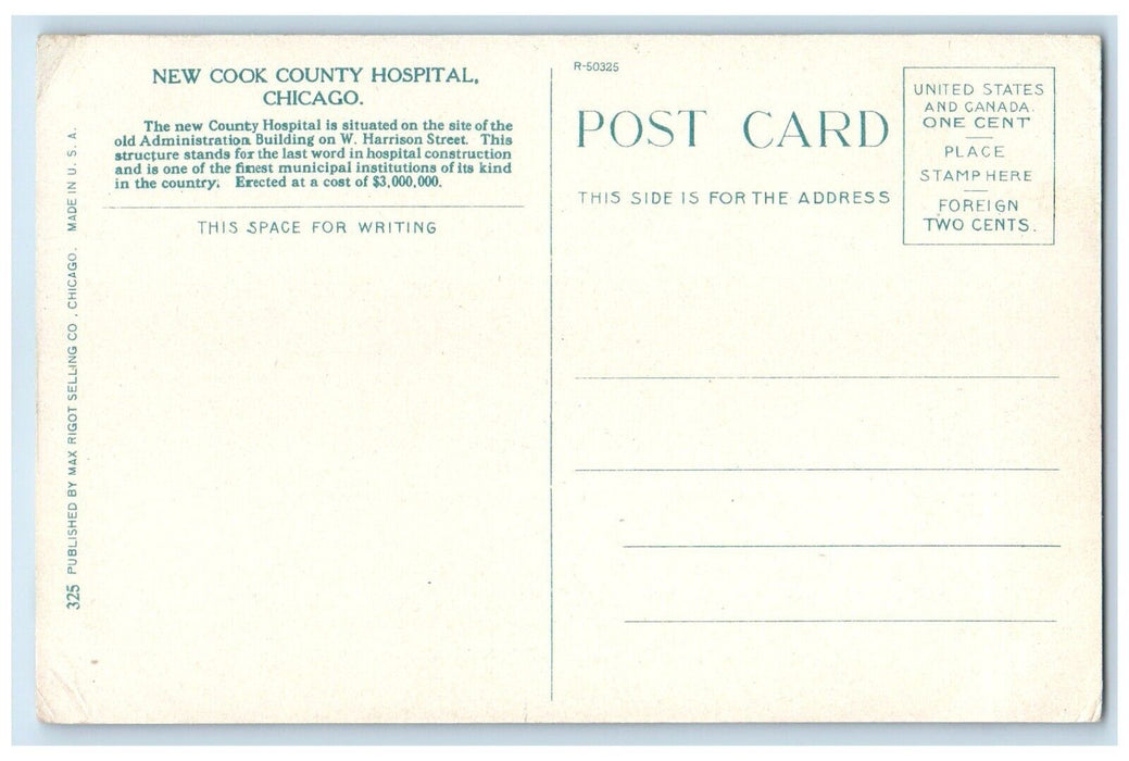 New Cook County Hospital Building Cars Chicago Illinois IL Antique Postcard
