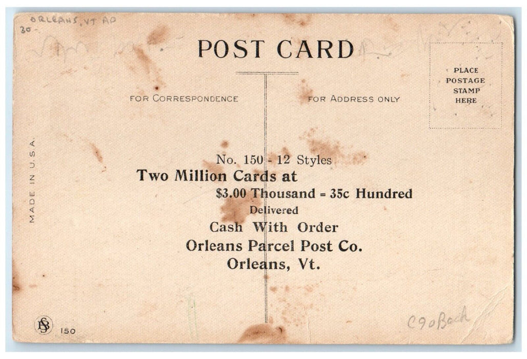 Orleans VT, Roses Flowers Message Orleans Parcel Post Co. Advertising Postcard