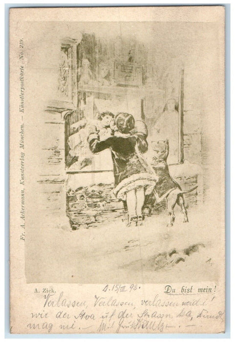 1898 Christmas Store Girl And Dog On The Window Posted Antique Postcard
