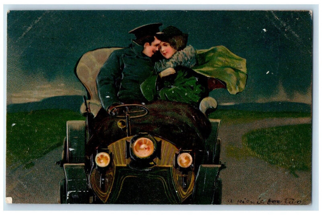 1907 Sweet Couple Romance Riding Car Embossed Gloversville NY Antique Postcard