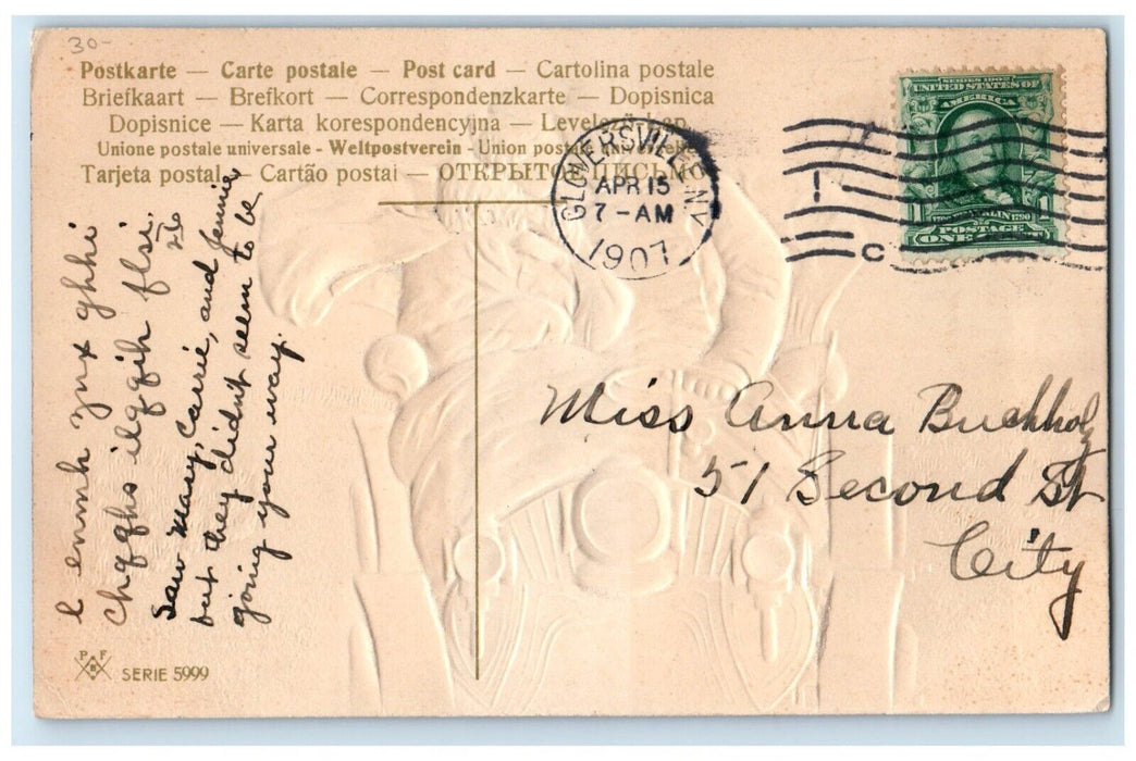 1907 Sweet Couple Romance Riding Car Embossed Gloversville NY Antique Postcard