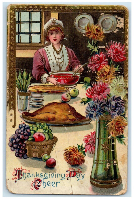 1912 Thanksgiving Day Woman Preparing For Dinner Gel Gold Gilt Antique Postcard