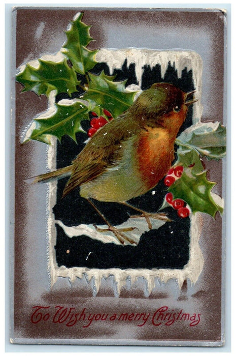 1907 Christmas Song Birds Berries Winsch Back Embossed New York NY Postcard
