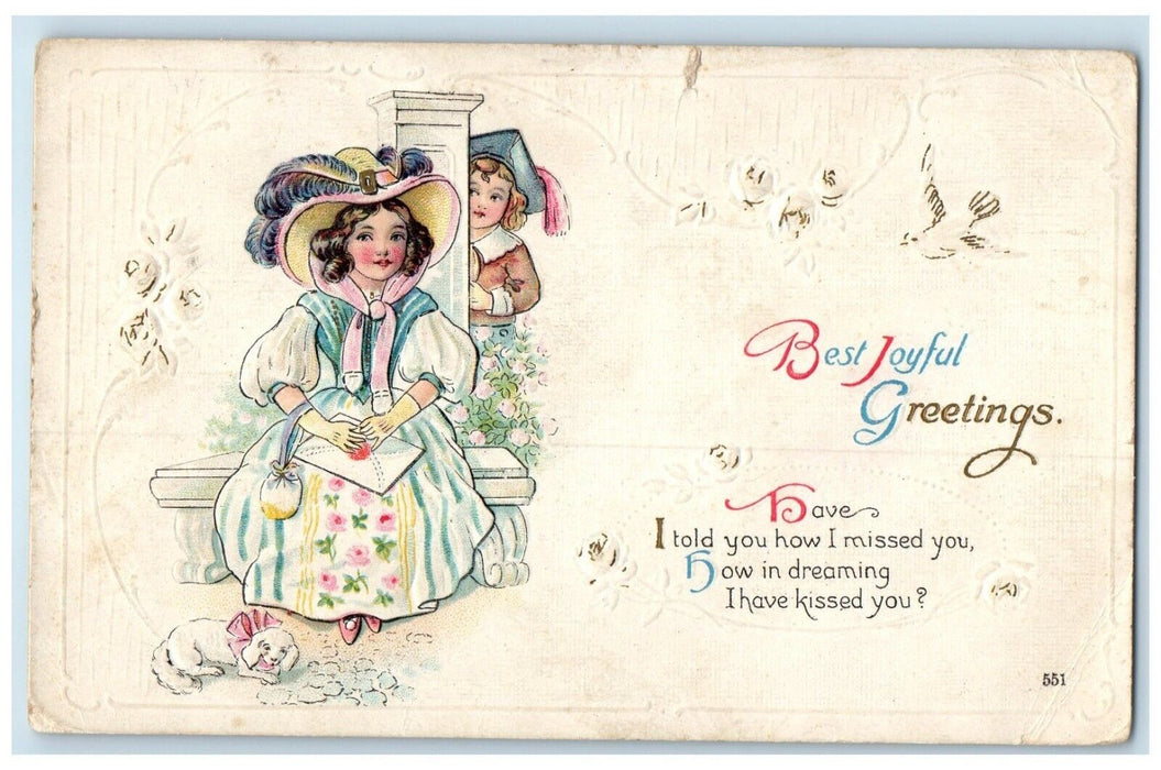 c1910's Joyful Greetings Girl Big Hat Letter Dog Elizabethtown IN Postcard