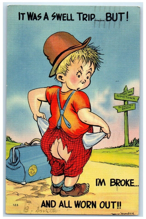 1941 Boy Torn Pants It Was Swell Trip Camp Edwards Massachusetts MA Postcard