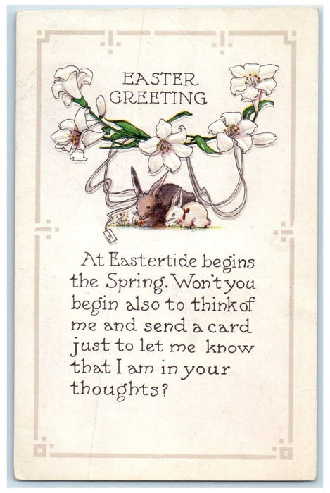 c1910's Easter Greeting Lily Flowers Bunny Rabbit Embossed Antique Postcard