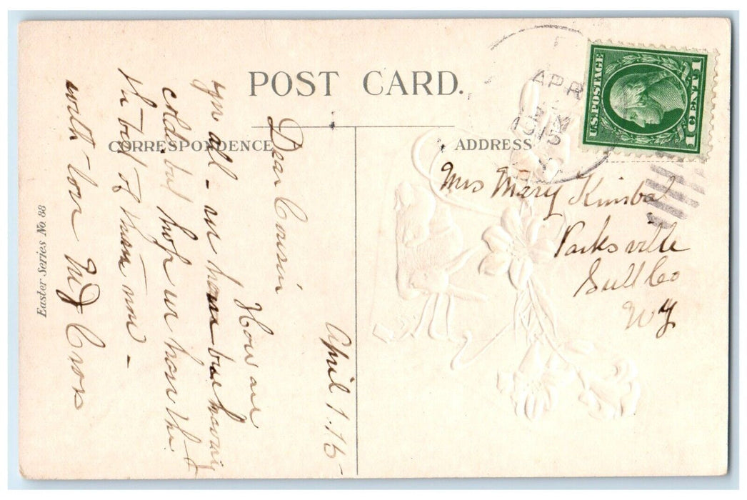 c1910's Easter Greeting Lily Flowers Bunny Rabbit Embossed Antique Postcard