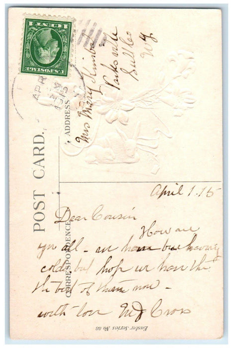 c1910's Easter Greeting Lily Flowers Bunny Rabbit Embossed Antique Postcard