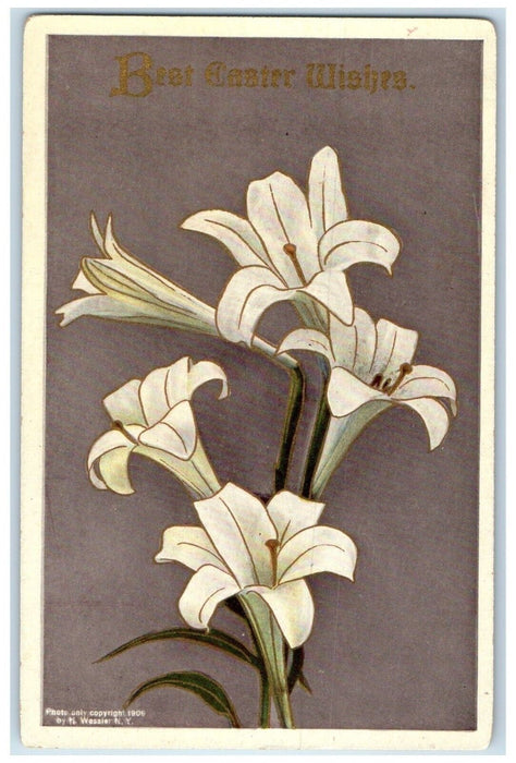 c1910's Easter Wishes White Lily Flowers Wessler Posted Antique Postcard