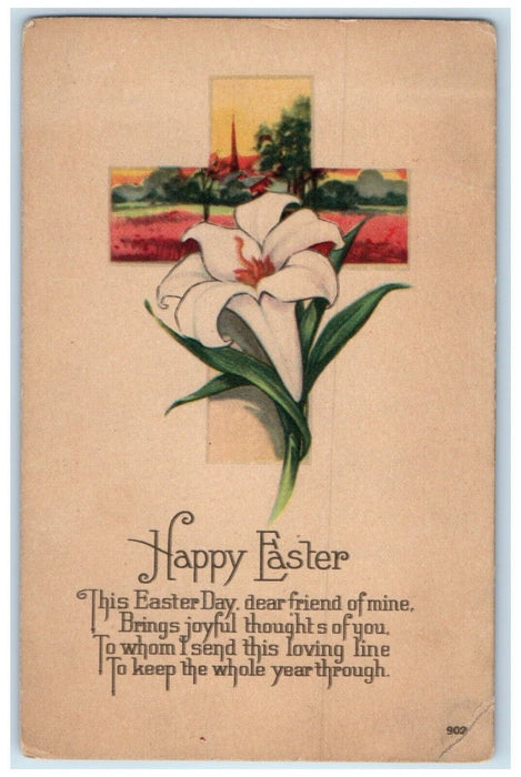 c1910's Happy Easter Message Holy Cross Lily Flower Posted Antique Postcard