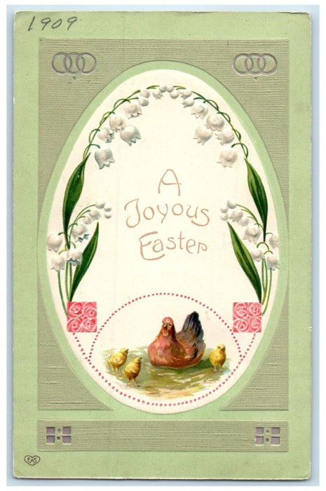 1909 Joyous Easter Egg Chicken Hen Chicks Flowers Cedar Rapids Iowa IA Postcard