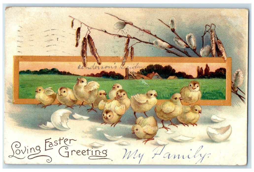 1909 Easter Greetings Chicks Cattail Hatched Egg Clapsaddle Belaire OH Postcard