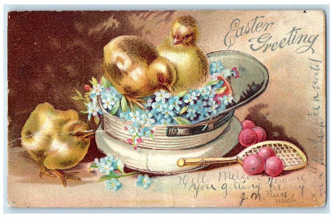 1907 Easter Greetings Chicks And Pansies Flowers Hat Clapsaddle Posted Postcard