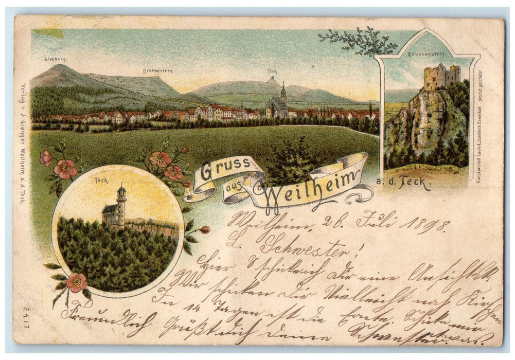 1898 Breitenstein Greetings From Weilheim Germany Antique Multiview Postcard