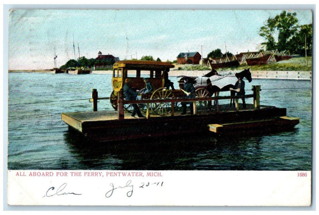 1911 All Aboard For The Ferry Pentwater Michigan MI, Horse Carriage Postcard