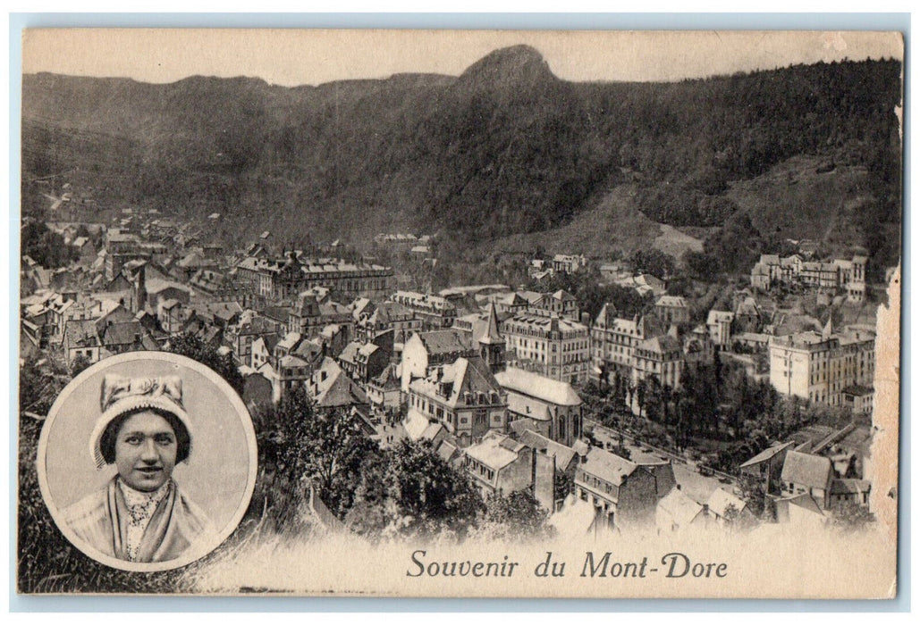 c1910 Woman Photo View of Buildings Hills Souvenir Du Mont-Dore France Postcard