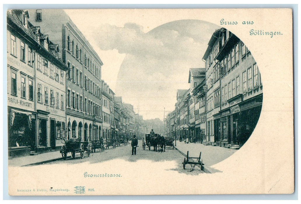 c1905 Gronerstrasse Greetings from Gottingen Germany Horse Carriage Postcard