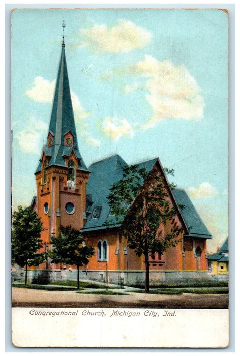 1910 Congregational Church Scene Street Michigan City Indiana IN Posted Postcard