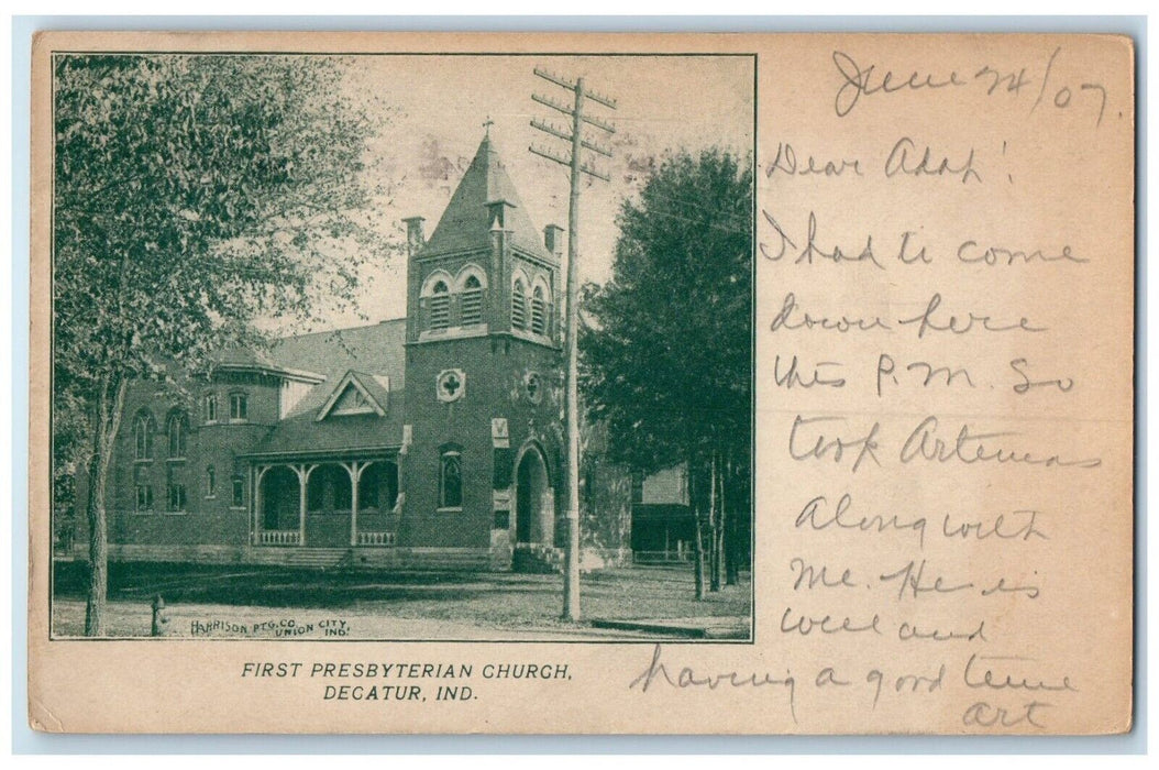 1907 First Presbyterian Church Scene Street Decatur Indiana IN Antique Postcard