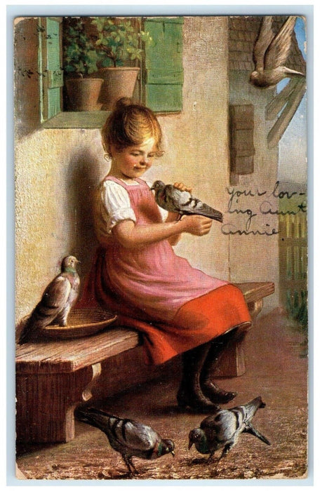 1909 Pretty Little Girl Holding Birds Dove New York NY Posted Antique Postcard