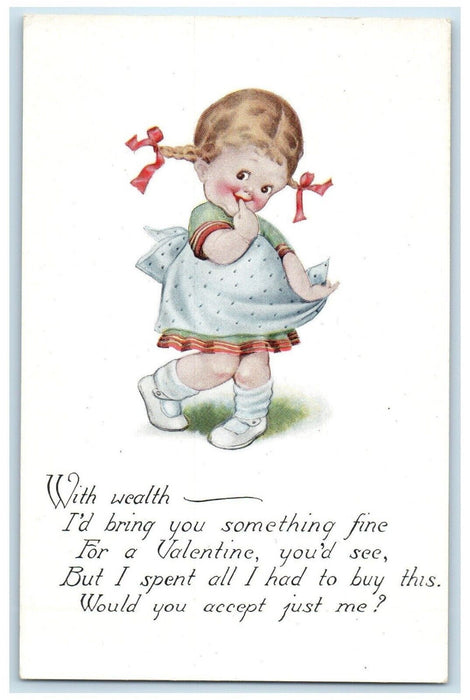 c1910's Valentine Cute Little Girl Bite Finger Braided Hair Antique Postcard