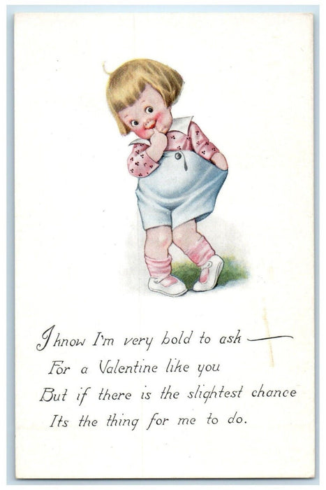 c1910's Valentine Cute Little Girl Bite Finger Brown Hair Antique Postcard