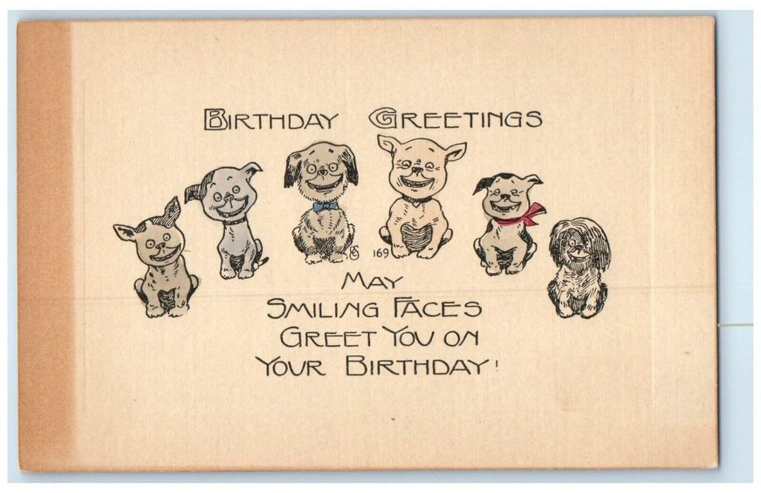 c1905 Birthday Greetings Cute Puppies Dog Smiling Faces Antique Postcard